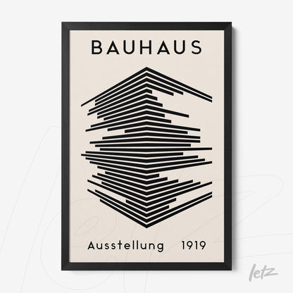 poster featuring geometric design inspired by the Bauhaus movement, displayed in a black frame