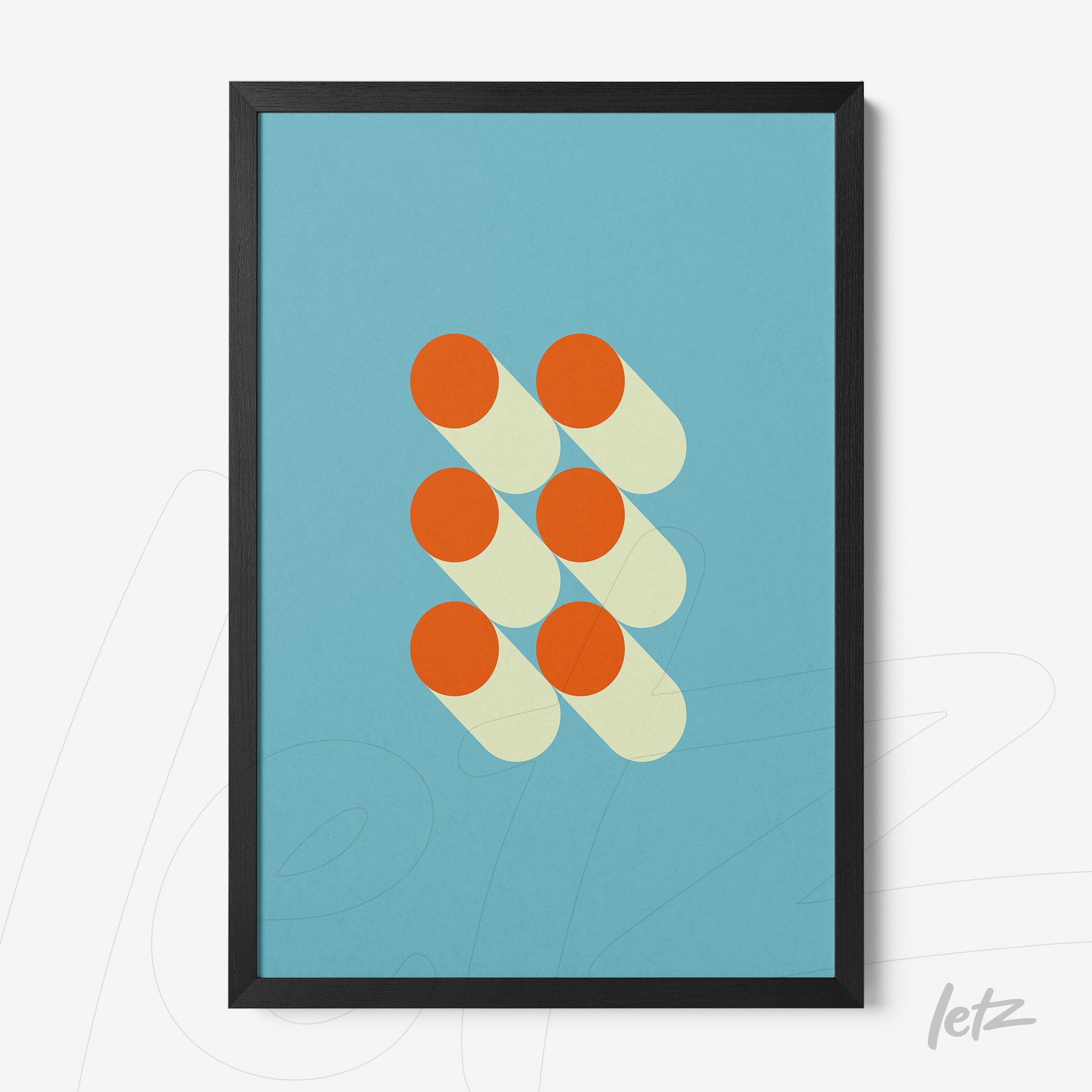 poster featuring geometric circular patterns in red and cream on blue background with black frame