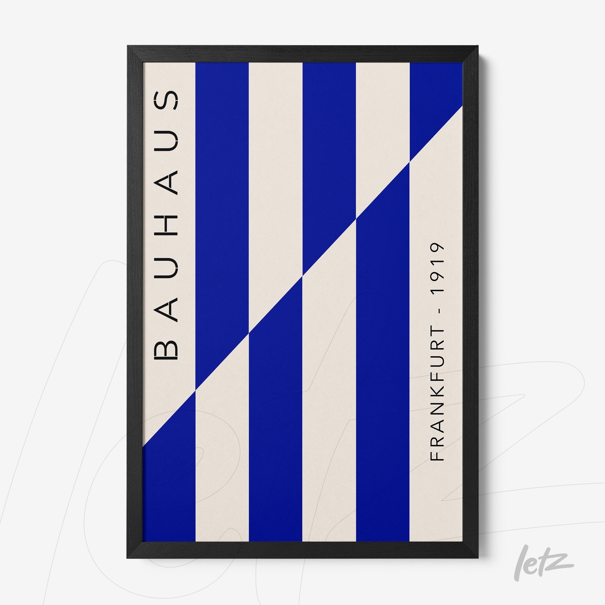 poster featuring geometric bauhaus style design in blue and white with thin black frame