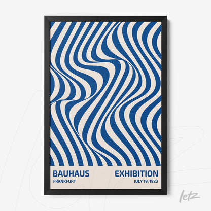 poster print featuring blue wavy lines on beige background with thin black frame