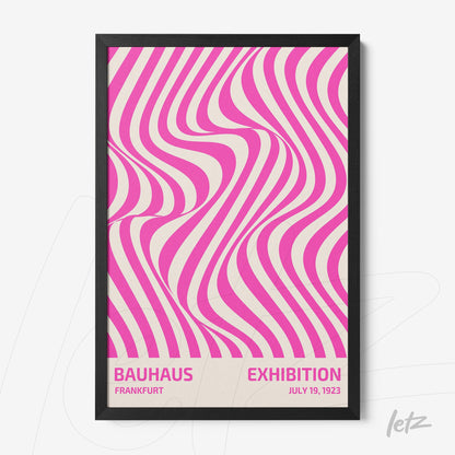 poster print featuring abstract pink and white wavy lines, encased in a black frame with textual details about the Bauhaus Exhibition