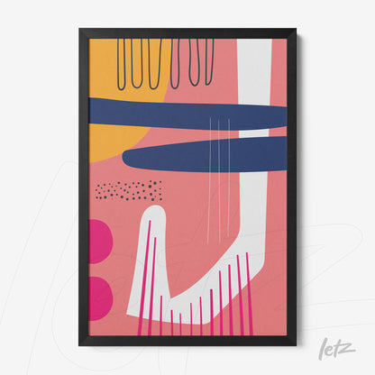 quadro abstrato boho com formas geométricas em tons de rosa, azul e laranja, emoldurado em caixa preta