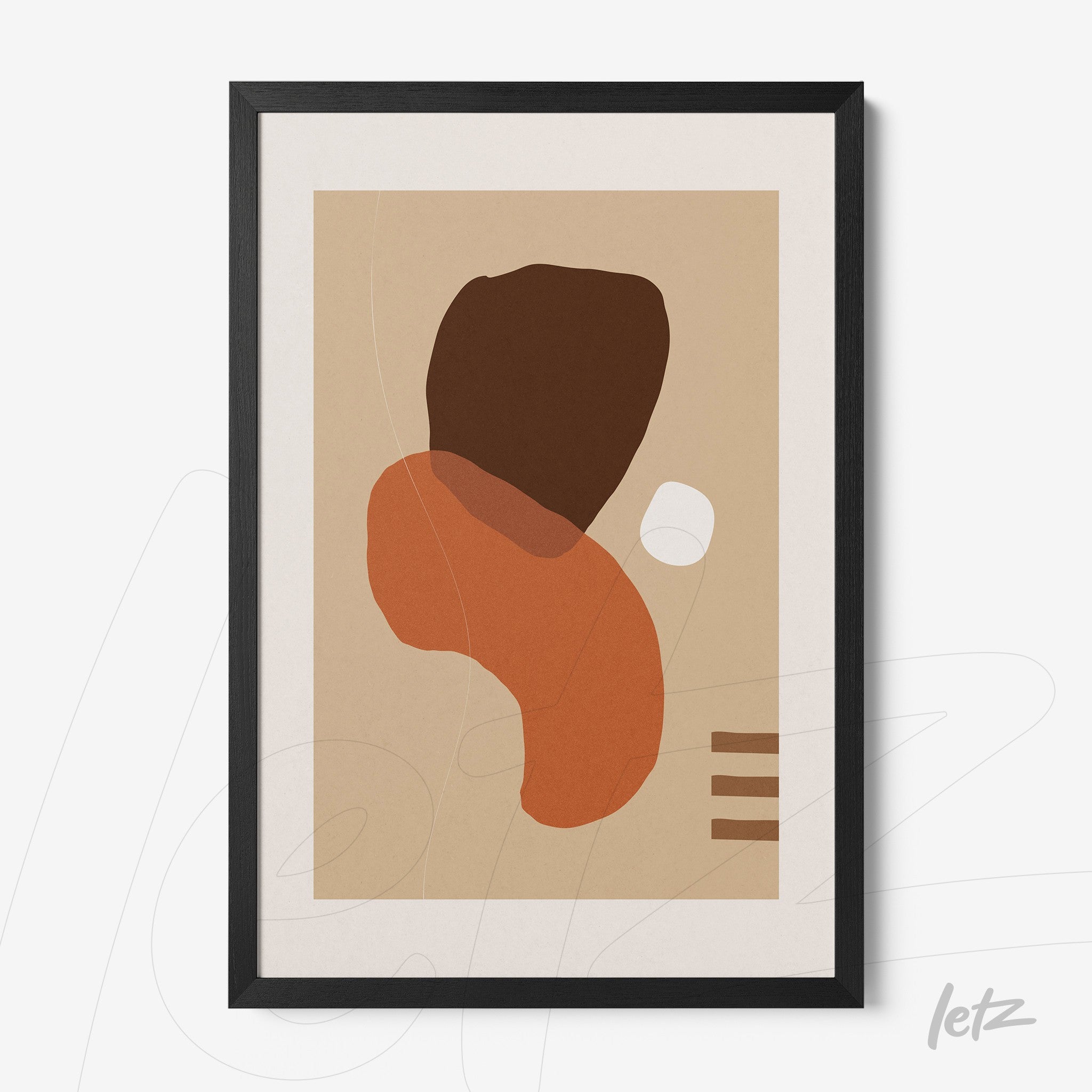 abstract art with geometric shapes in earthy tones framed in black on a beige background