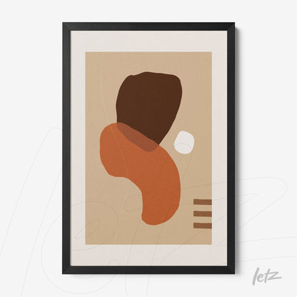 abstract art with geometric shapes in earthy tones framed in black on a beige background