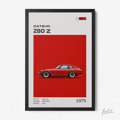 framed art print featuring the Datsun 280 Z car illustration on a red background with a black frame