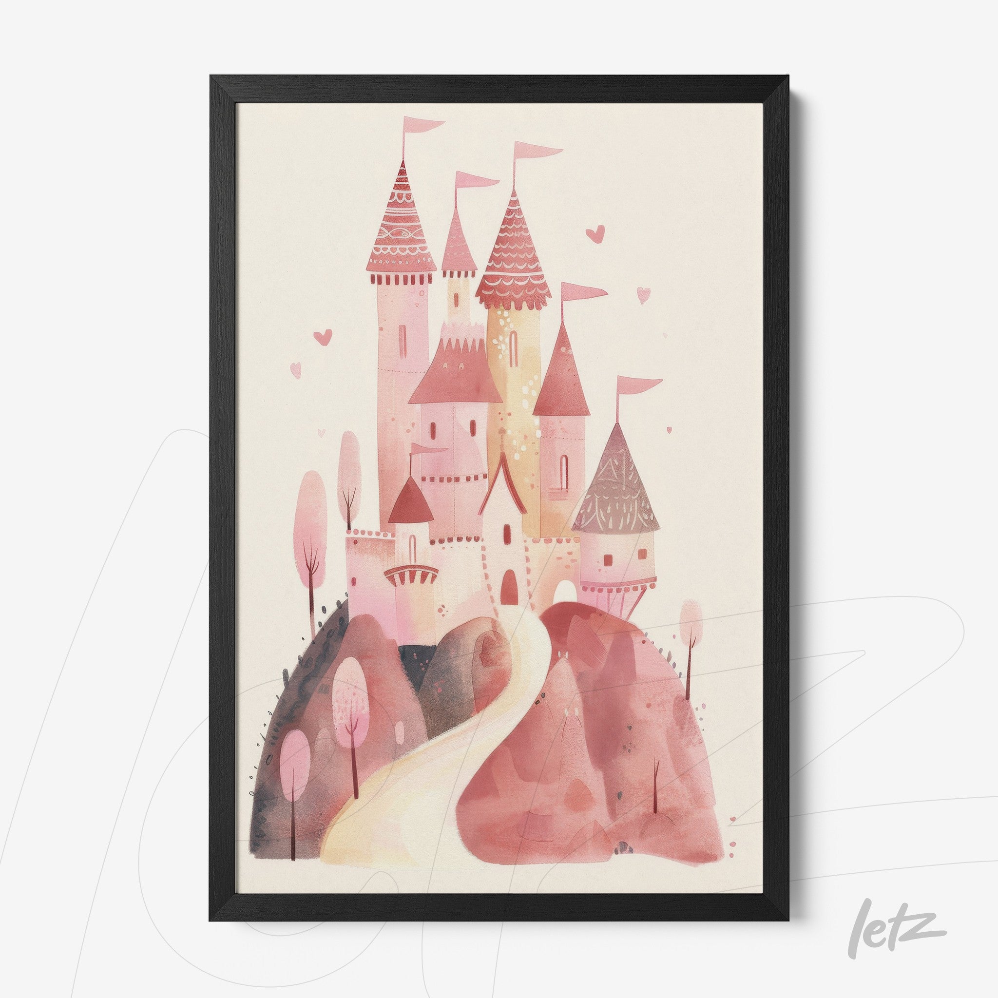 framed artwork featuring a pink castle illustration in a whimsical style with soft hills and trees