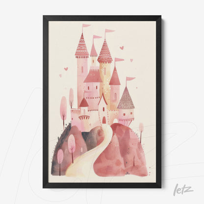 framed artwork featuring a pink castle illustration in a whimsical style with soft hills and trees