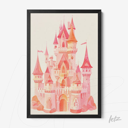 framed artwork of a pink castle illustration with black frame