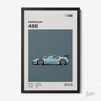 framed artwork featuring a minimalist illustration of a ferrari 488 sports car with black frame