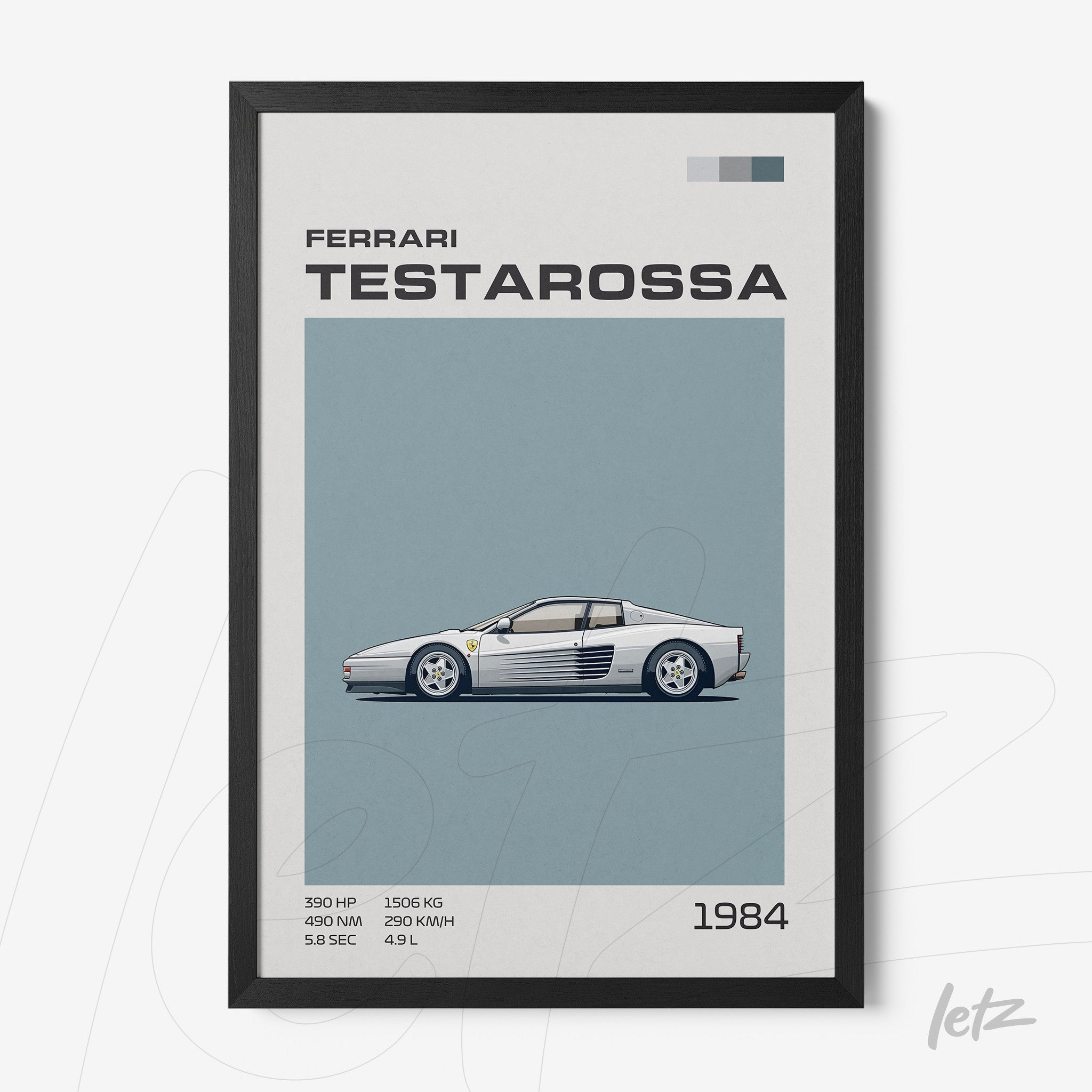framed artwork of the sports car ferrari testarossa with black frame, featuring a blue background and text detailing its specifications