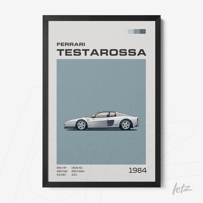 framed artwork of the sports car ferrari testarossa with black frame, featuring a blue background and text detailing its specifications