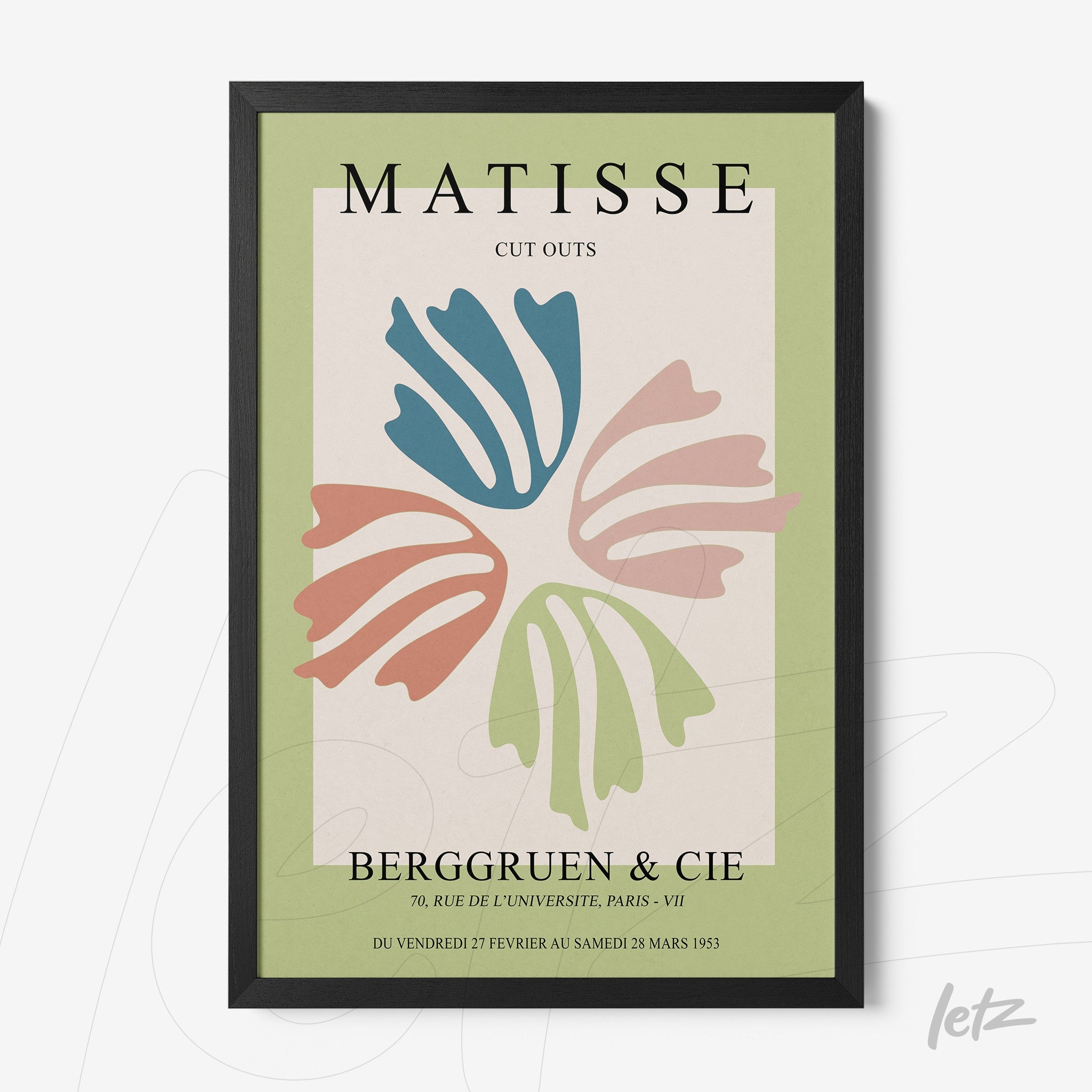 decorative wall art featuring cut-out style inspired by Matisse, showcasing colorful shapes in blue, pink, and green against a light background, framed in black