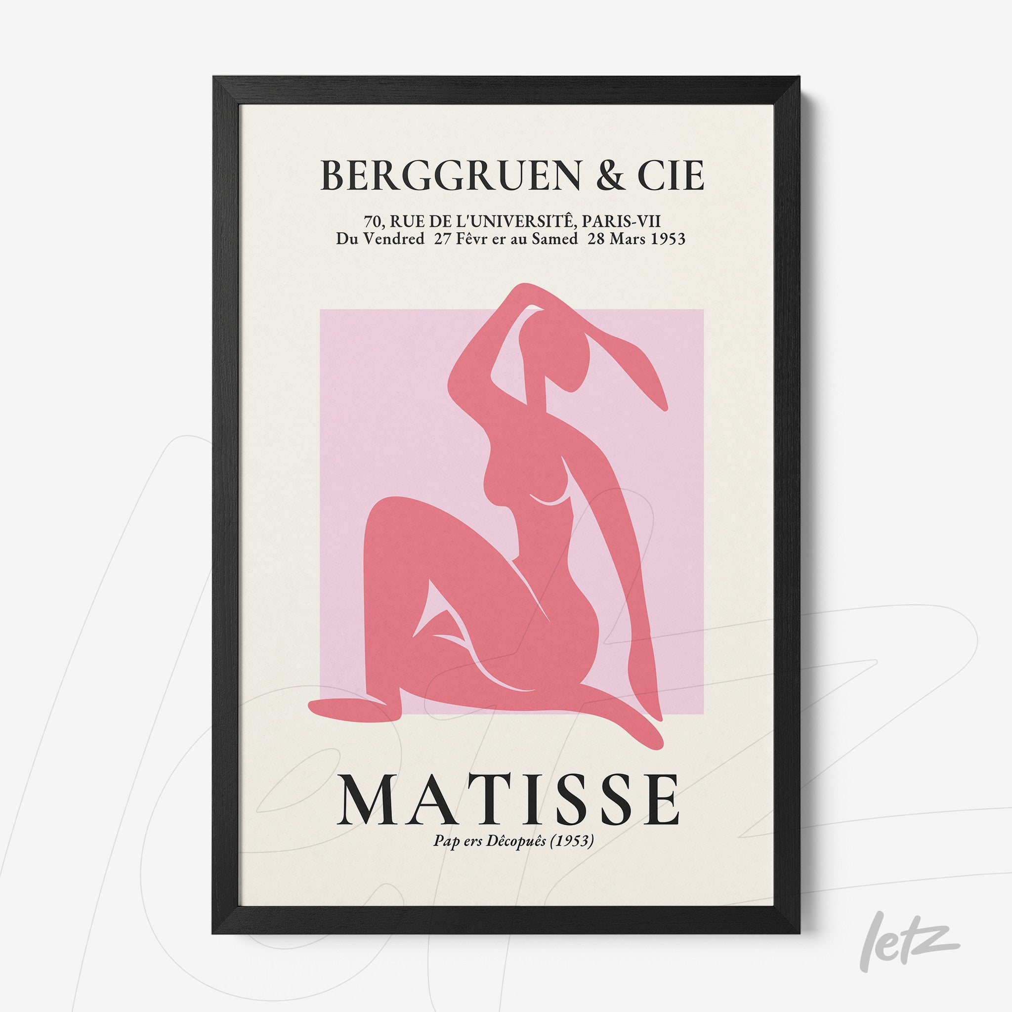 decorative wall art featuring a modern abstract female figure in pink tones against a light background with a simple black frame