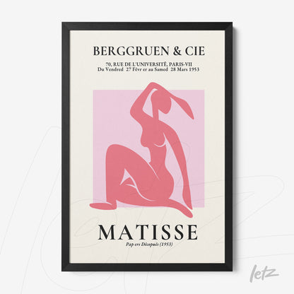decorative wall art featuring a modern abstract female figure in pink tones against a light background with a simple black frame