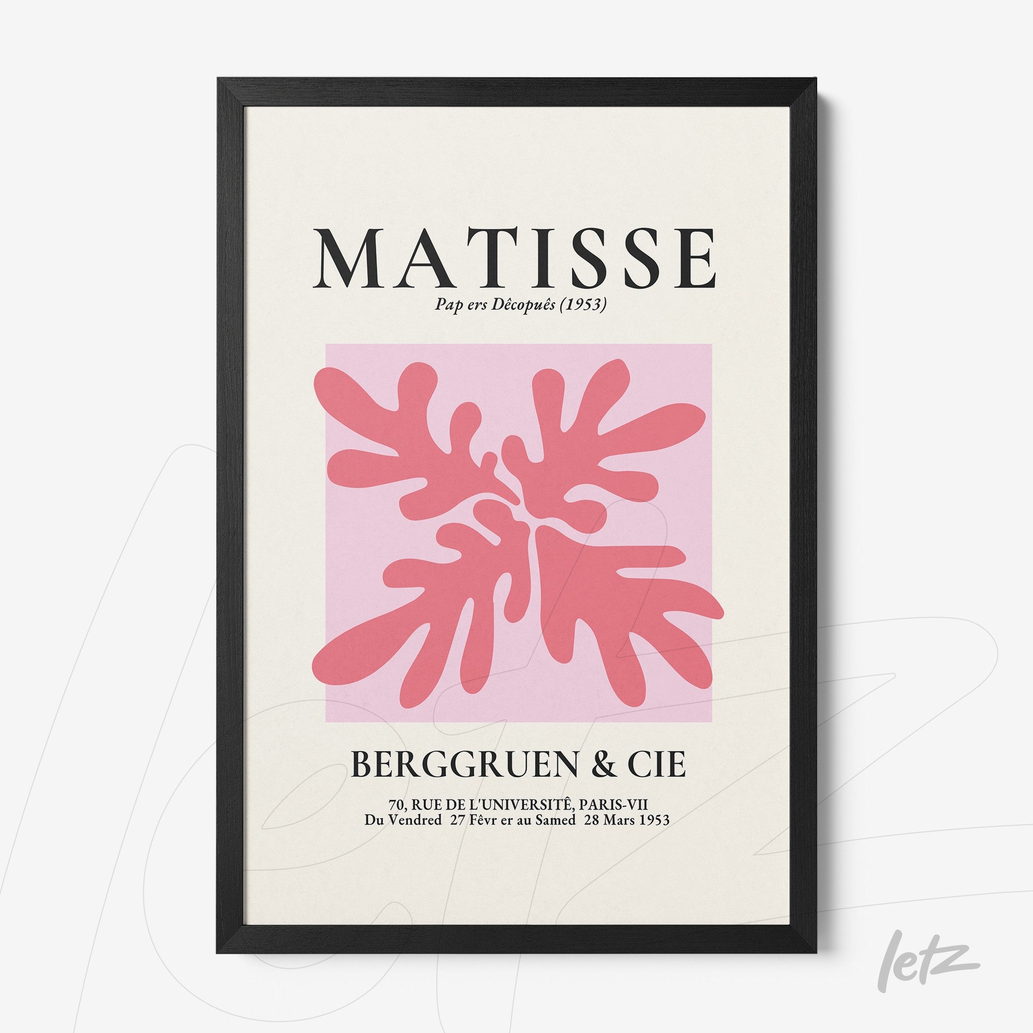 framed modern art print featuring pink leaf shapes on a light background