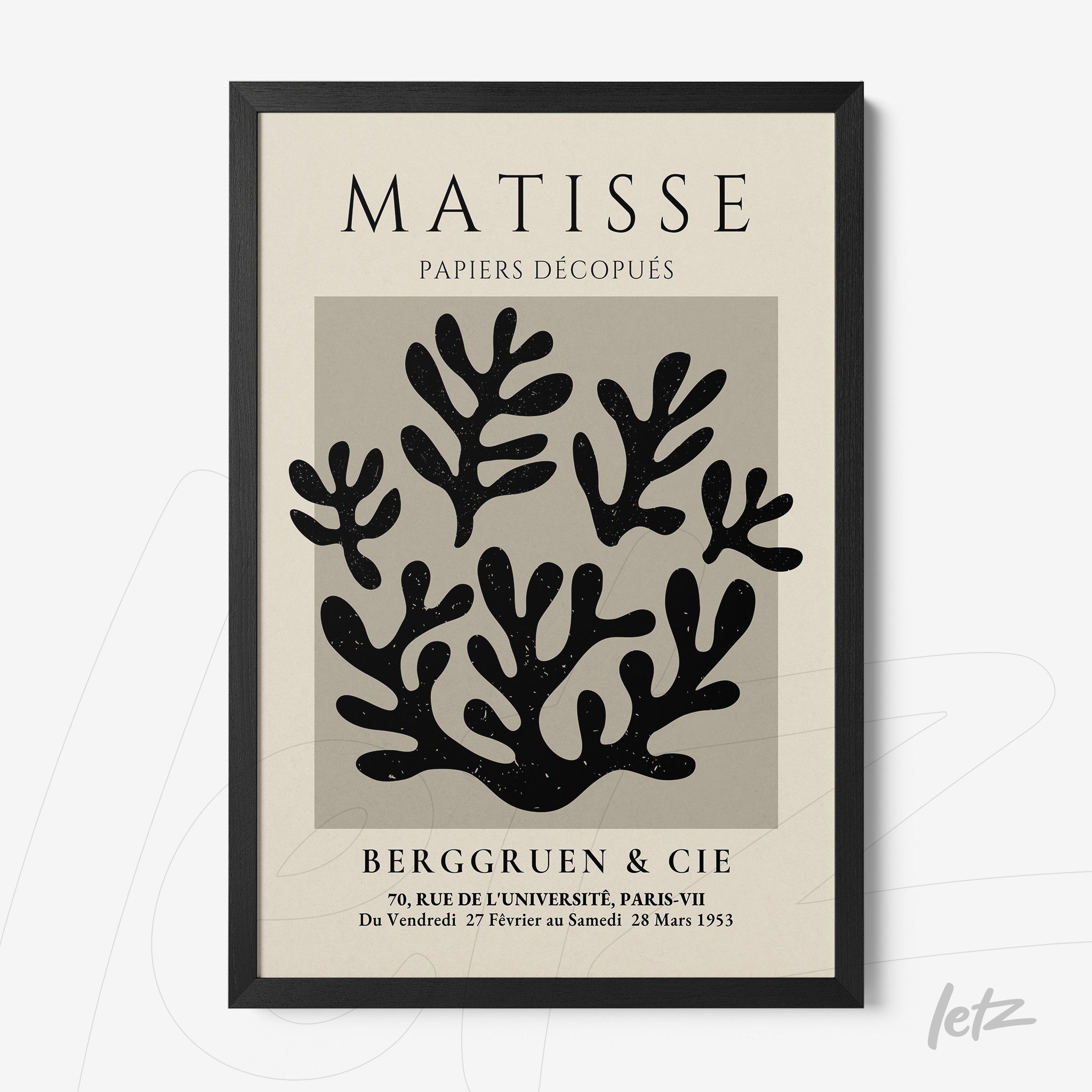 framed wall art featuring abstract black and white design inspired by Matisse with a black frame and beige background