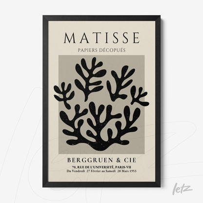 framed wall art featuring abstract black and white design inspired by Matisse with a black frame and beige background