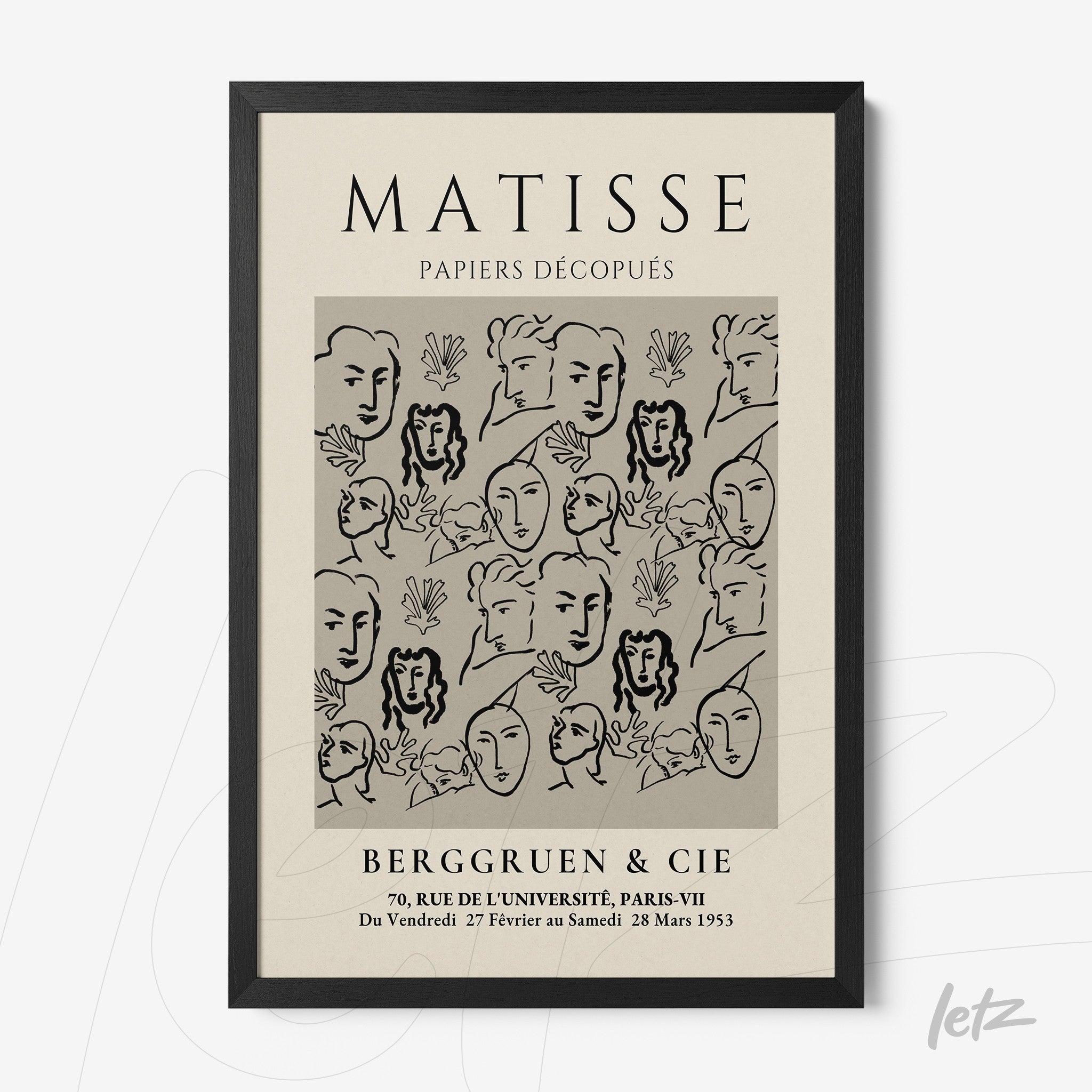 framed artwork inspired by Matisse featuring stylized faces and floral shapes on a light background