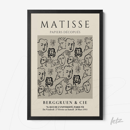 framed artwork inspired by Matisse featuring stylized faces and floral shapes on a light background