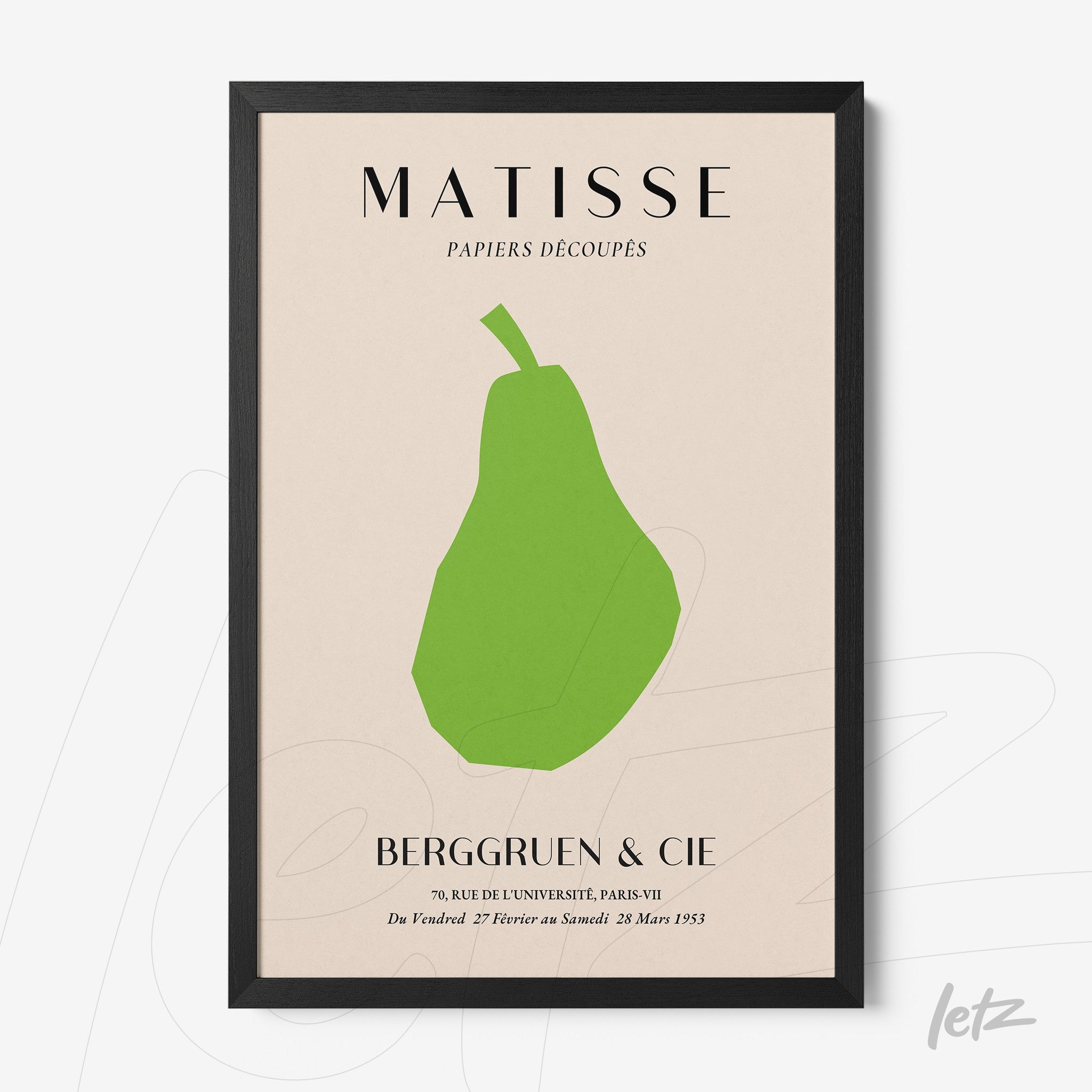 framed modern art piece featuring a stylized green pear with a black thin frame