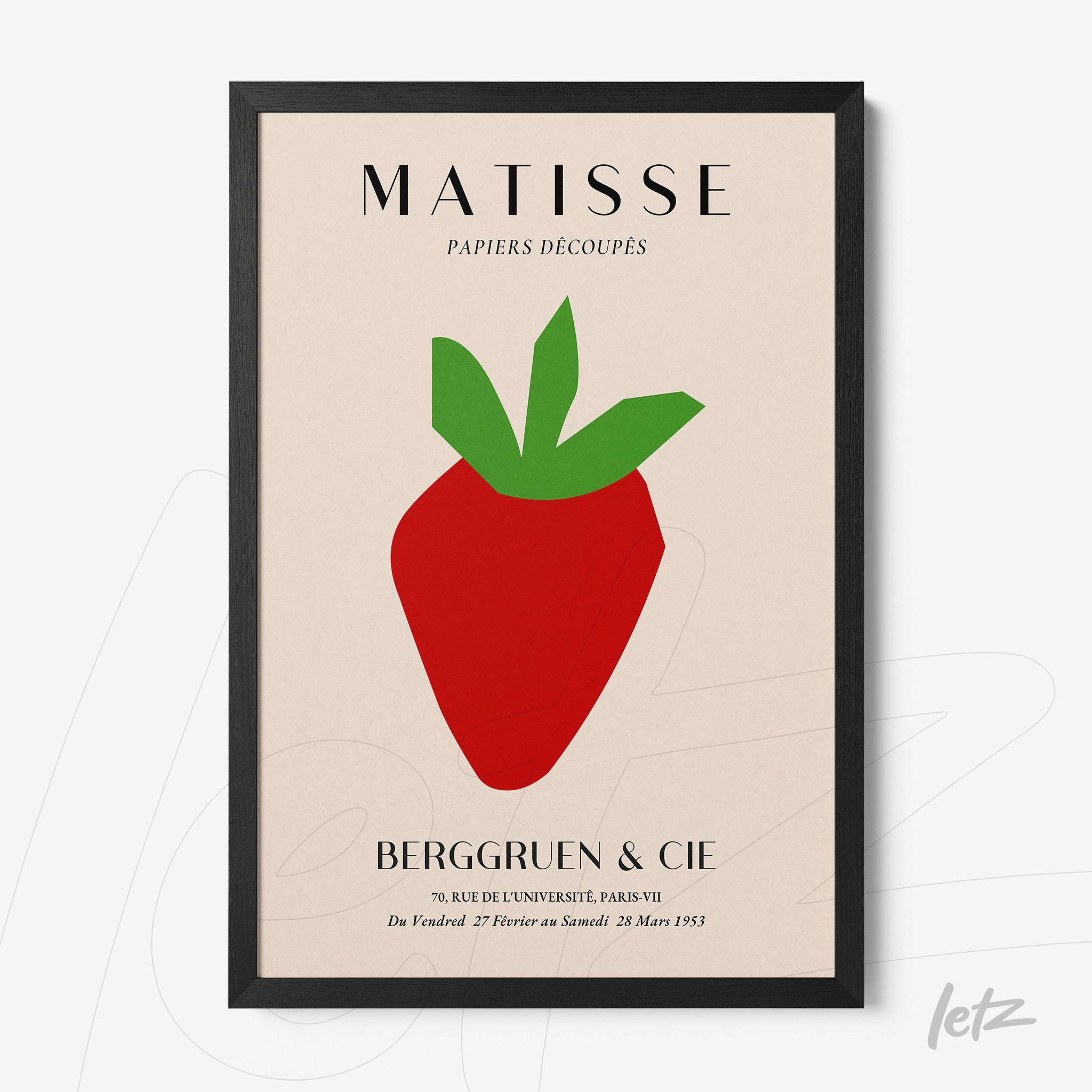 framed artwork featuring a stylized strawberry in bold colors, black frame, light background with simple typography