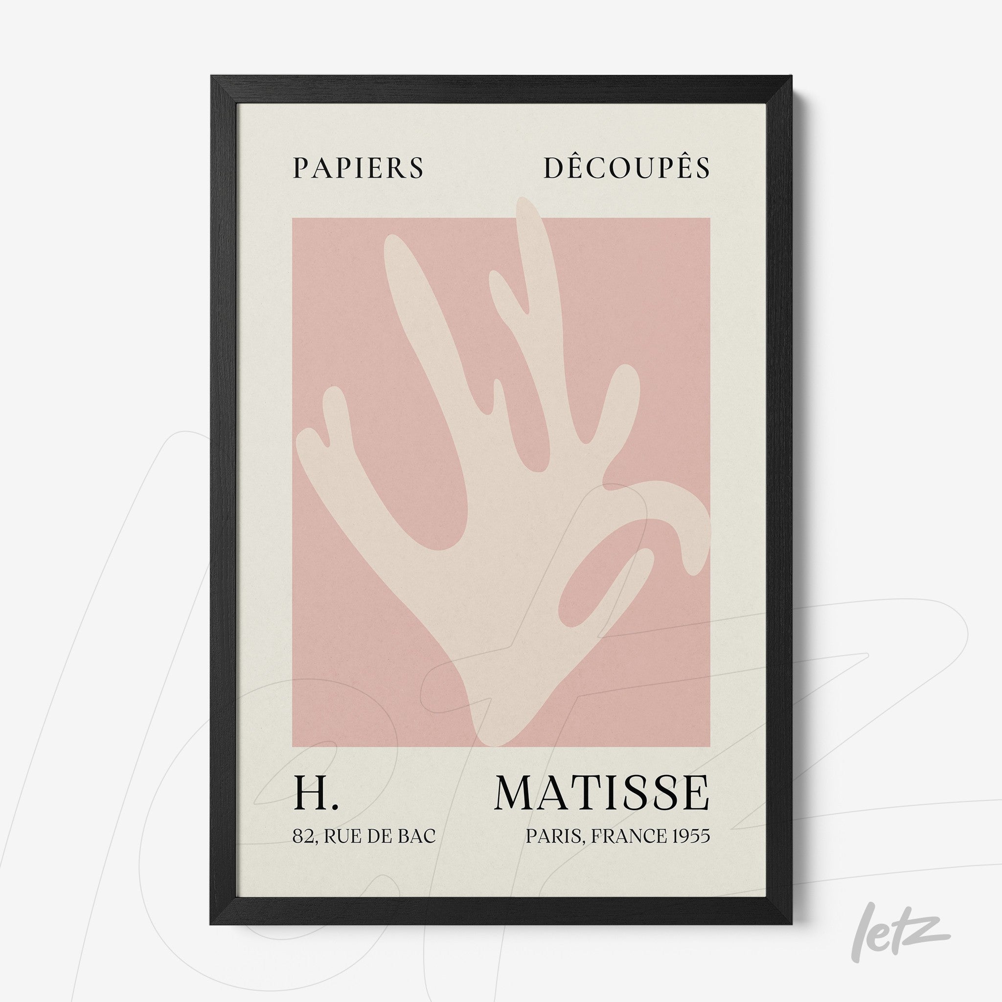framed modern art inspired by Matisse featuring a stylized hand on a pink background
