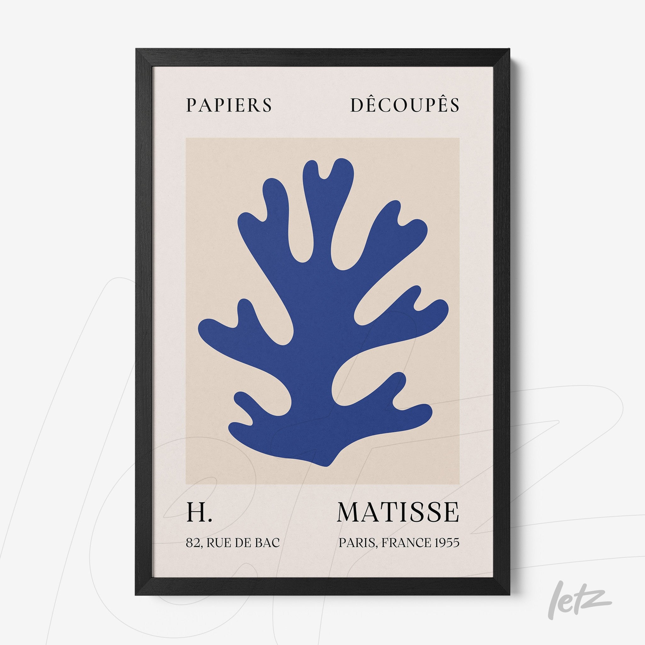 framed modern art print featuring blue coral shapes on light background