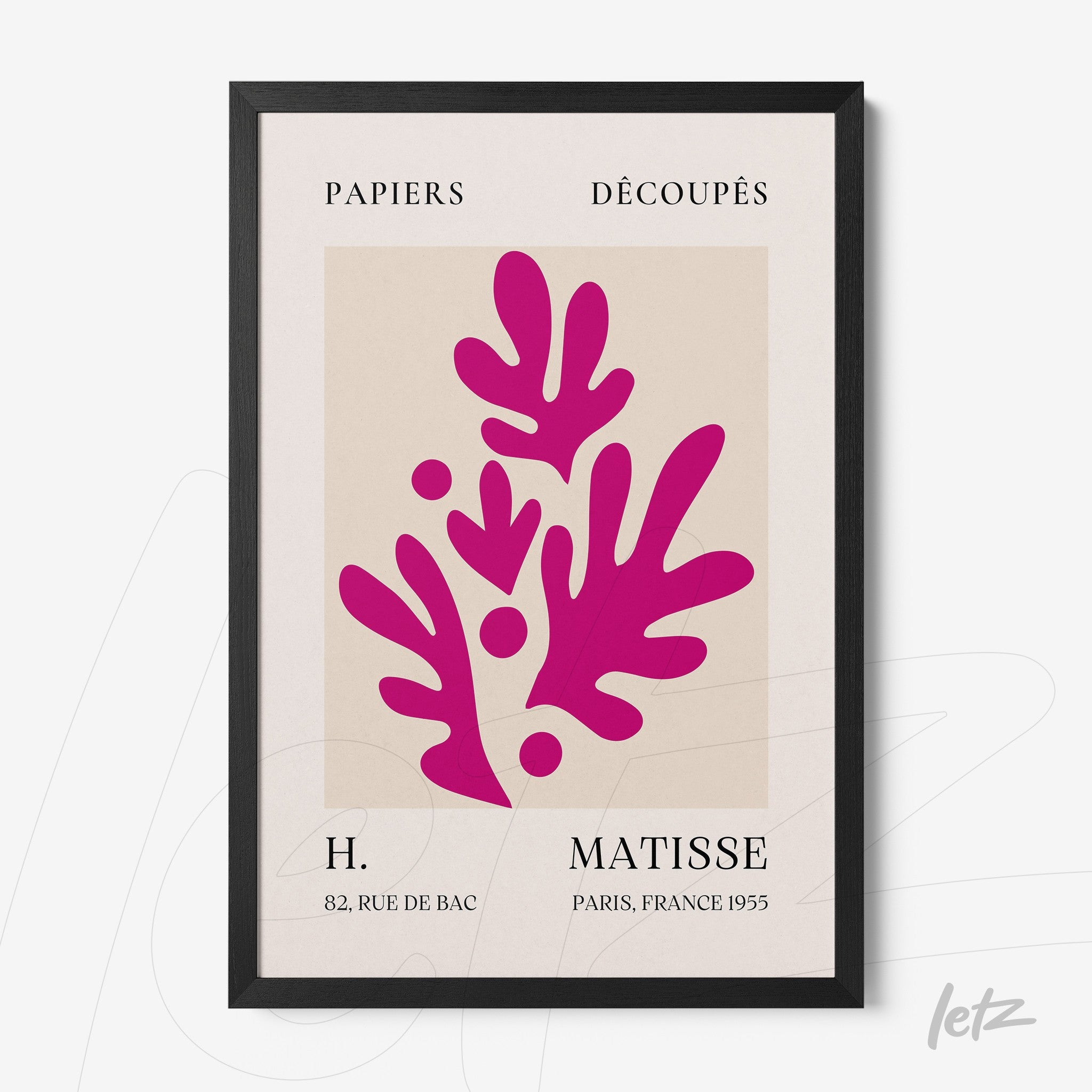 framed artwork inspired by Matisse with pink cut-out shapes on a light background