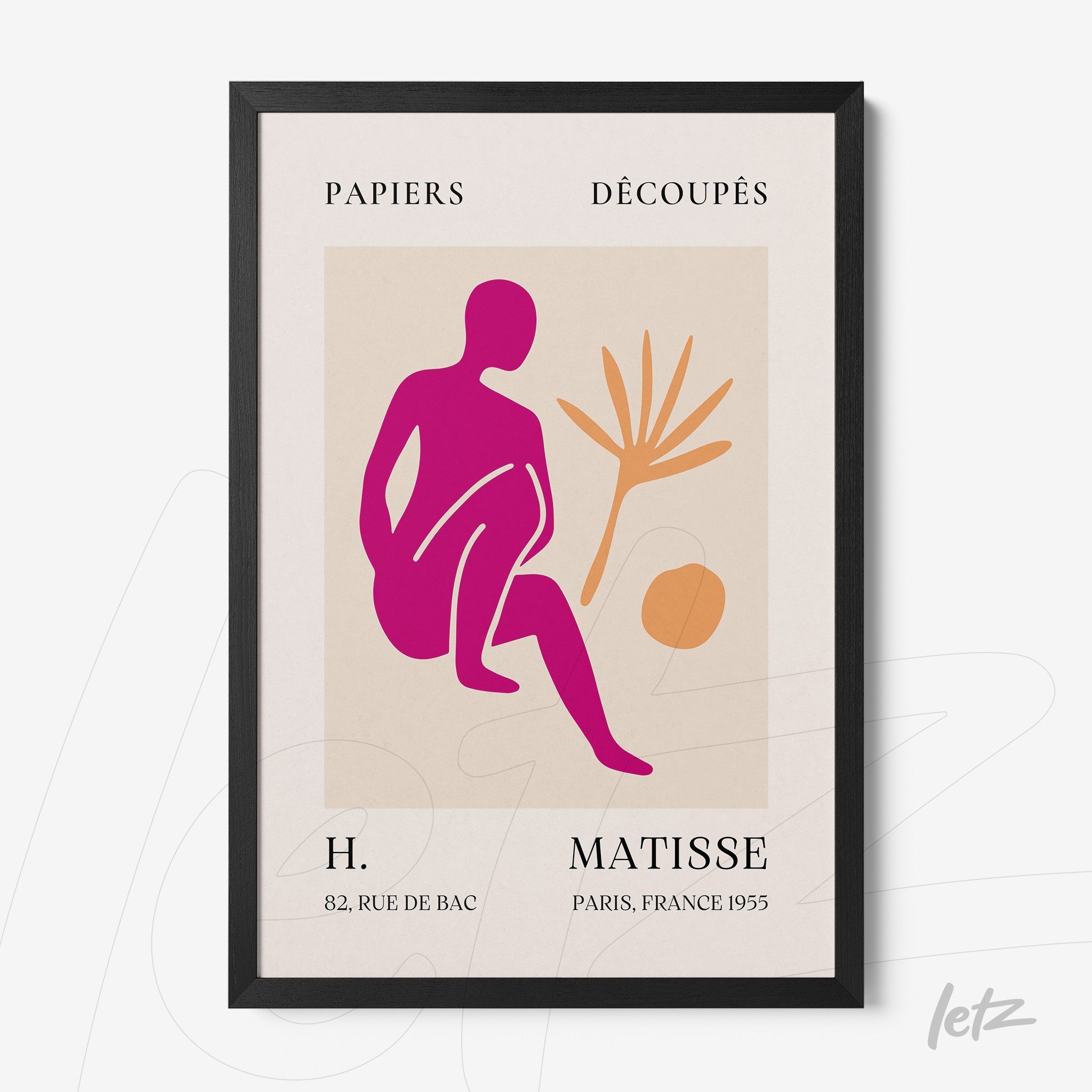 framed contemporary art featuring a stylized figure in shades of pink and orange, alongside a botanical element in a black frame