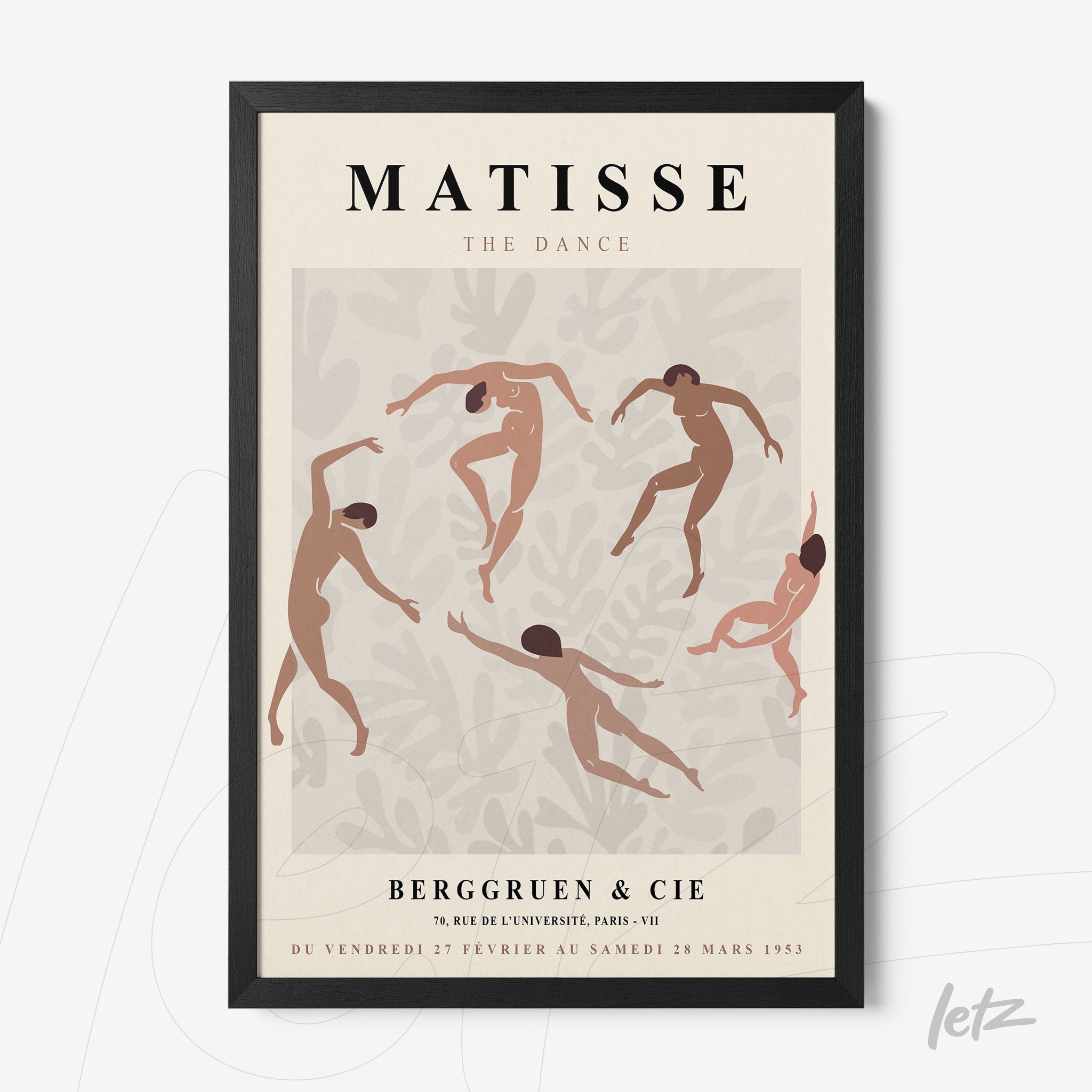 framed art print of matisse's 'the dance', featuring dancing figures in earthy tones against a light background