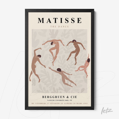 framed art print of matisse's 'the dance', featuring dancing figures in earthy tones against a light background