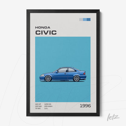 framed artwork showcasing a 1996 Honda Civic illustration with a light blue background