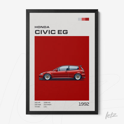 framed artwork of the 1992 Honda Civic EG with a black frame, featuring a red background and technical details at the bottom