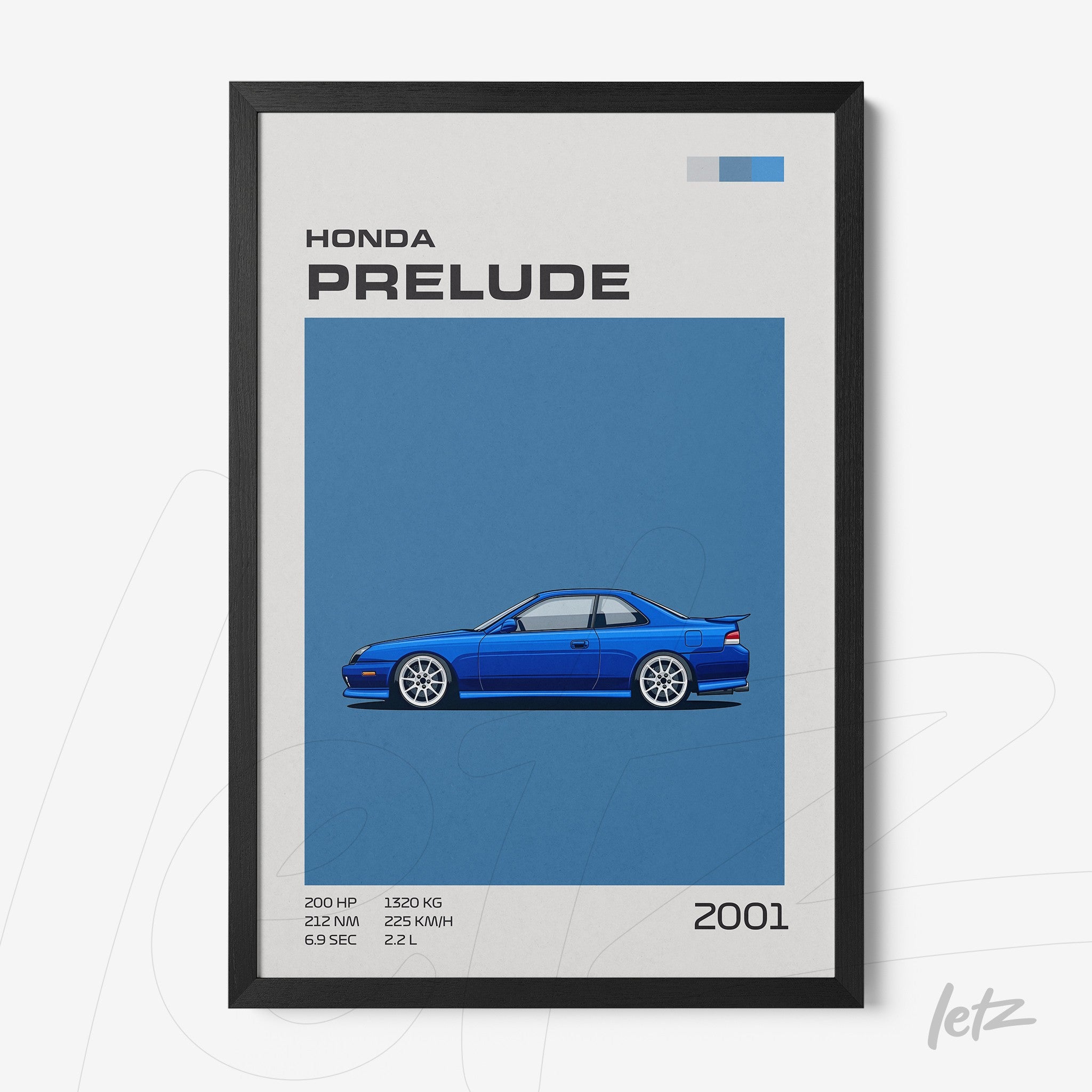 framed digital art of a 2001 Honda Prelude in blue background with black frame