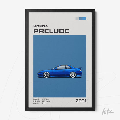 framed digital art of a 2001 Honda Prelude in blue background with black frame
