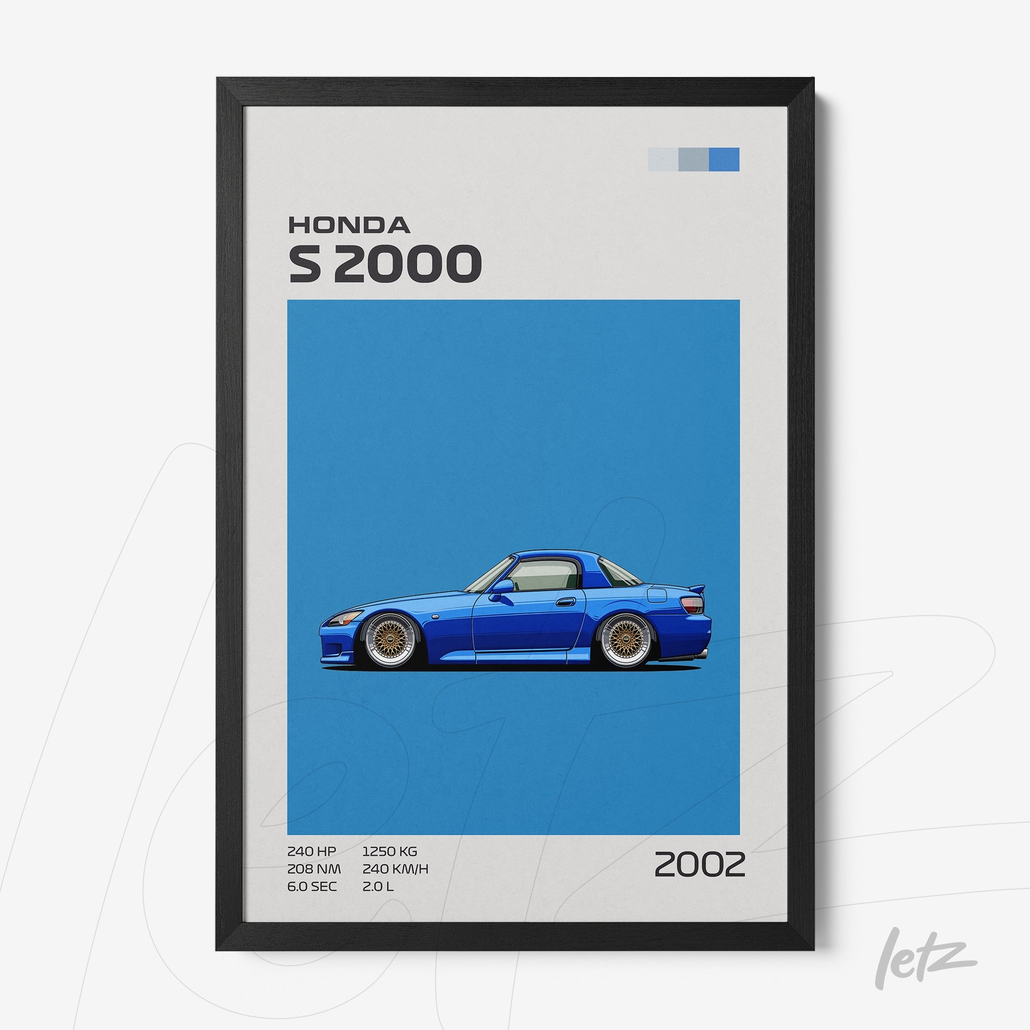 framed wall art featuring an illustration of a Honda S2000 on a vibrant blue background with a black frame
