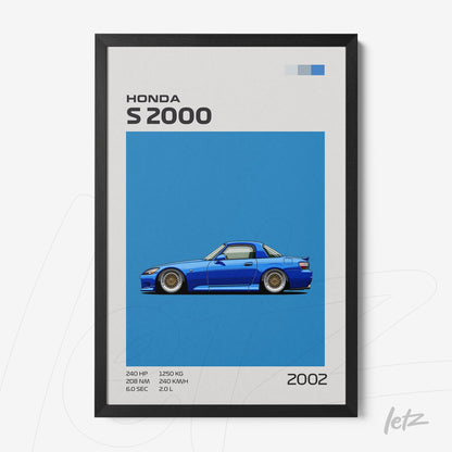 framed wall art featuring an illustration of a Honda S2000 on a vibrant blue background with a black frame