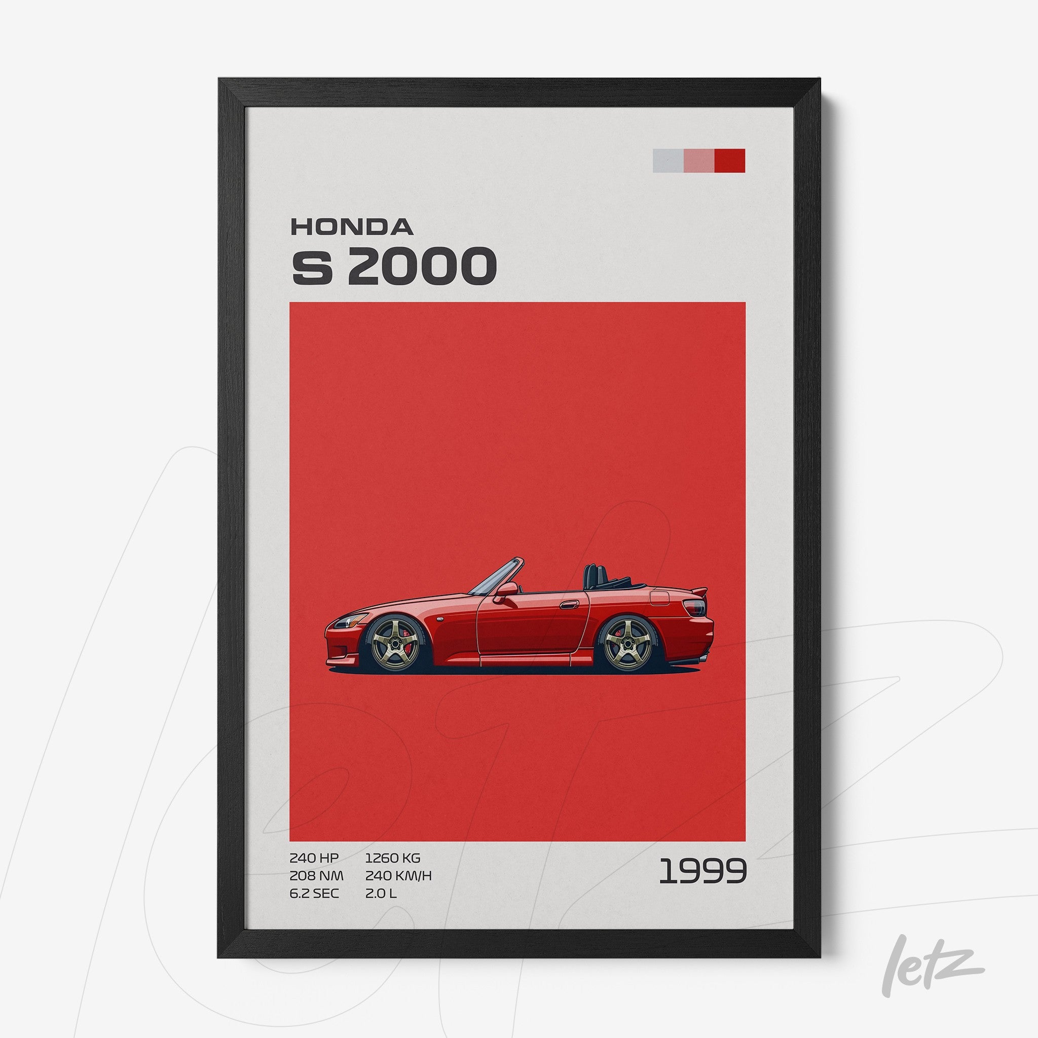 framed artwork featuring the Honda S2000 car illustration with vibrant red background