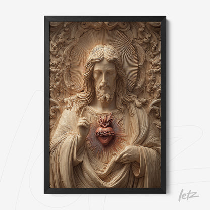 framed wall art featuring a sacred high-relief depiction of Jesus Christ with a sacred heart in a black frame