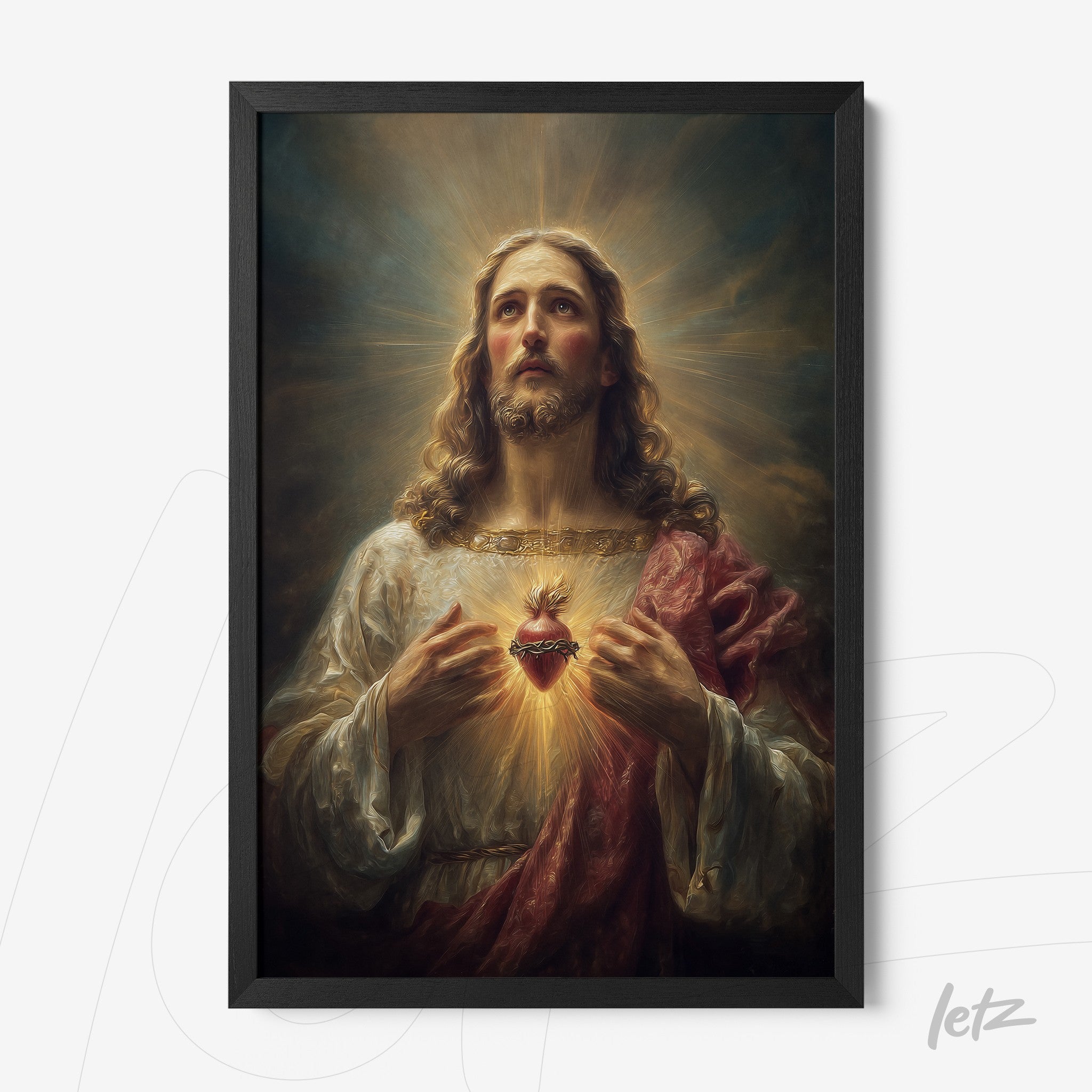 framed art depicting jesus christ with a dark frame, featuring a radiant background and illuminated details around