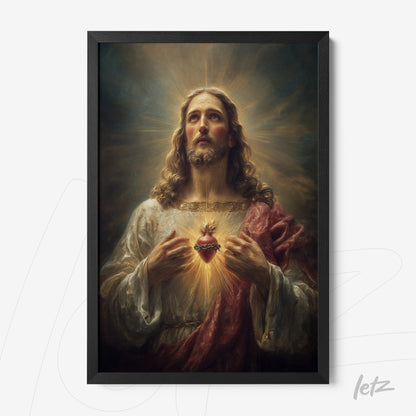 framed art depicting jesus christ with a dark frame, featuring a radiant background and illuminated details around