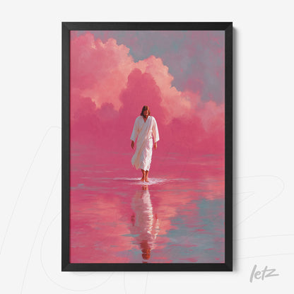 framed artwork depicting a male figure in white robe walking on reflective waters with pink clouds in the background