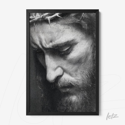 framed black and white portrait of Jesus Christ showing expressions of suffering with black frame