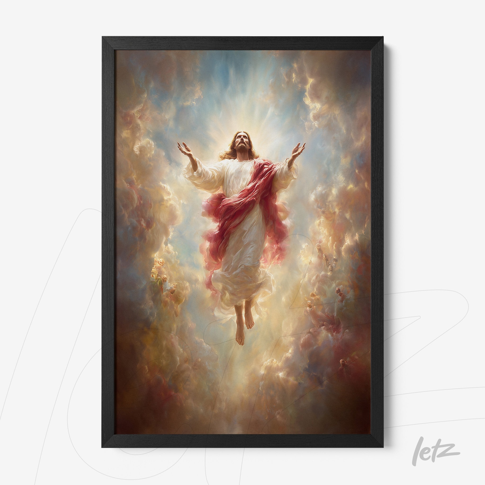 framed religious artwork depicting the ascension of Jesus with black frame