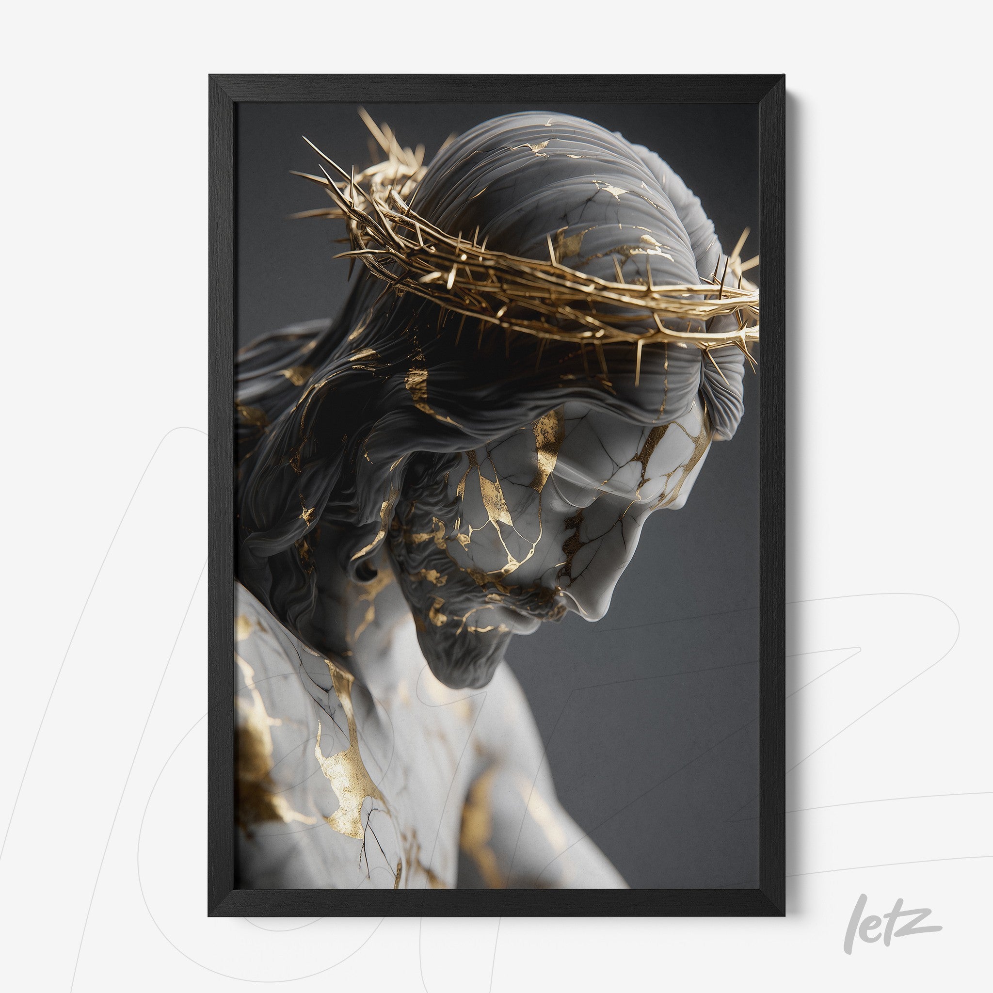 framed artwork of a sculpture of Christ featuring gold leaf details and a crown of thorns with a black frame