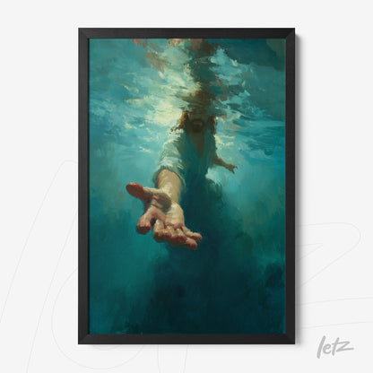 framed artwork depicting a hand reaching upwards in water with vibrant shades of blue