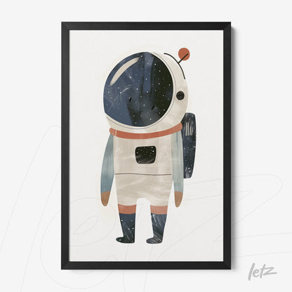 framed artwork of a textured astronaut illustration with a cosmic background in black frame