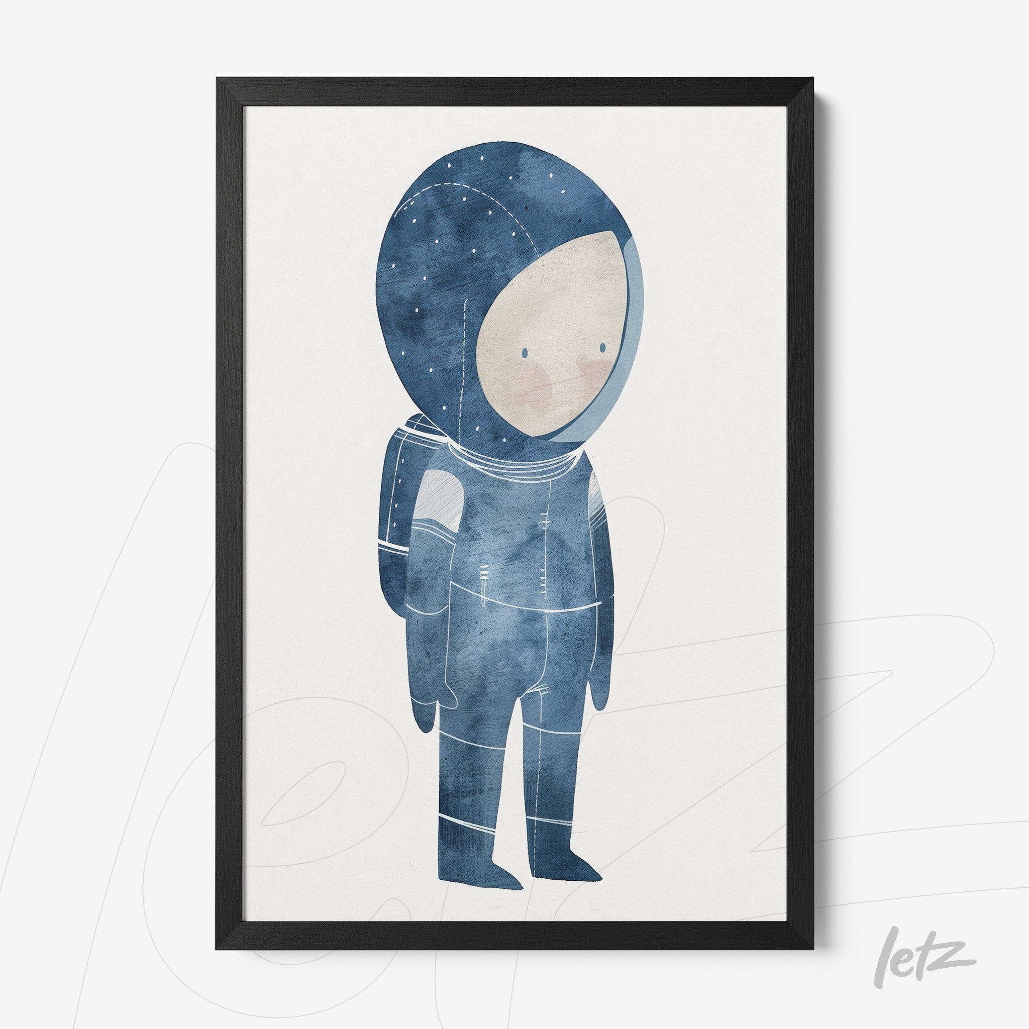 framed art print of a childlike astronaut illustration in blue