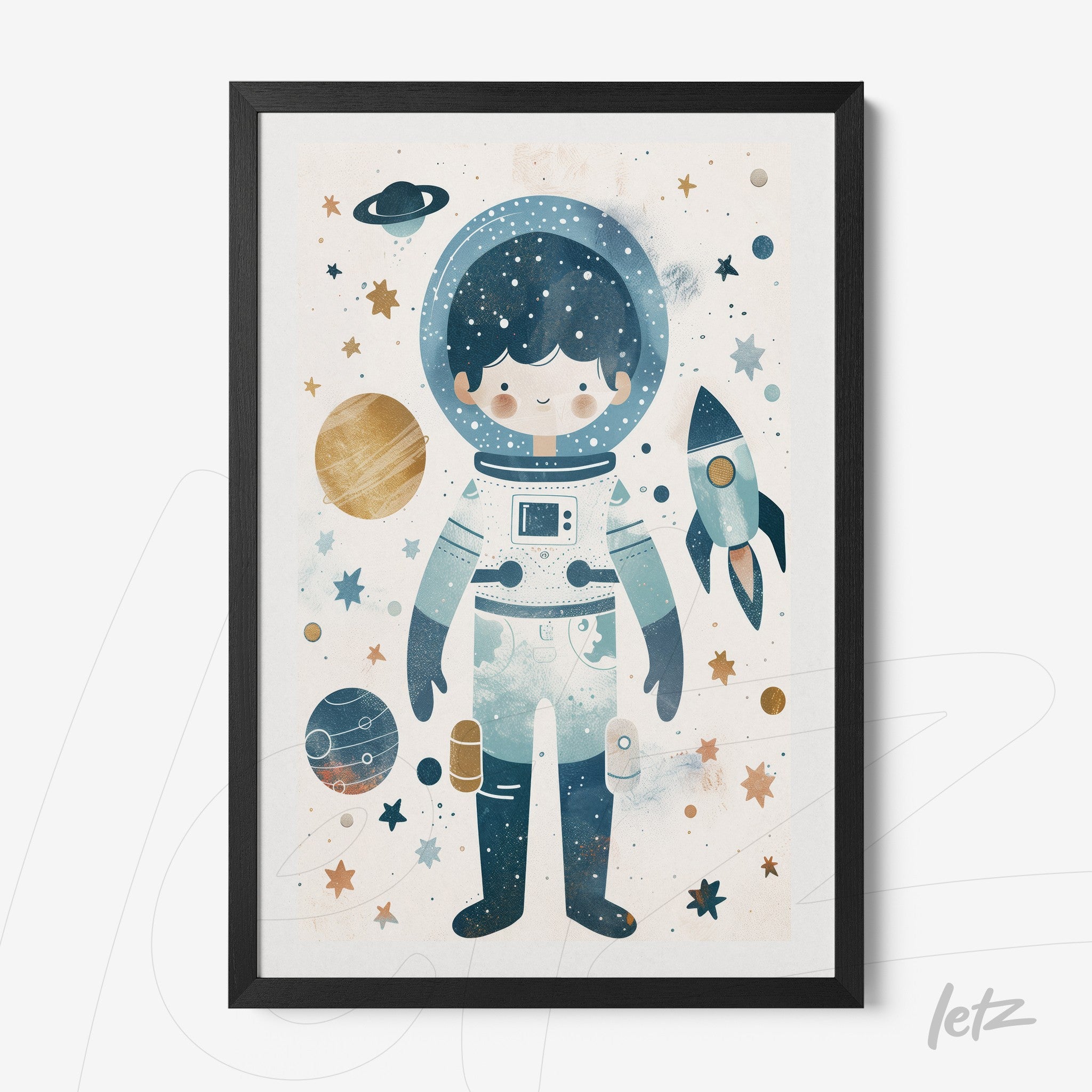 framed artwork featuring a child astronaut against a cosmic background in a black frame