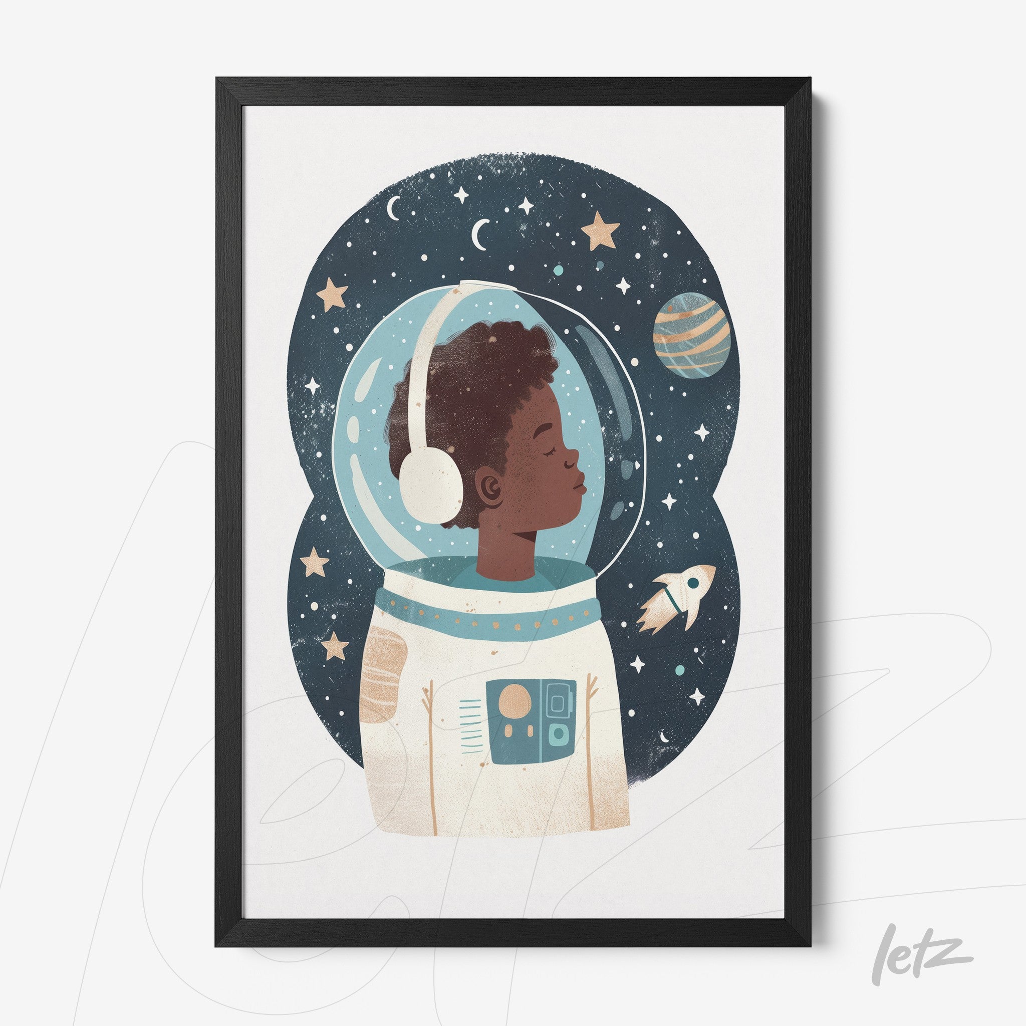 framed artwork of a black astronaut in a space suit, black frame, night sky background with stars and planets